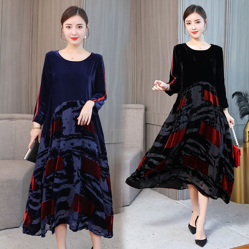 Women Plus size Dresses M-4XL New Autumn Winter Loose Fashion Print Woman Long Maxi Dress Elegant Robe Vintage Velvet Dresses MX200518