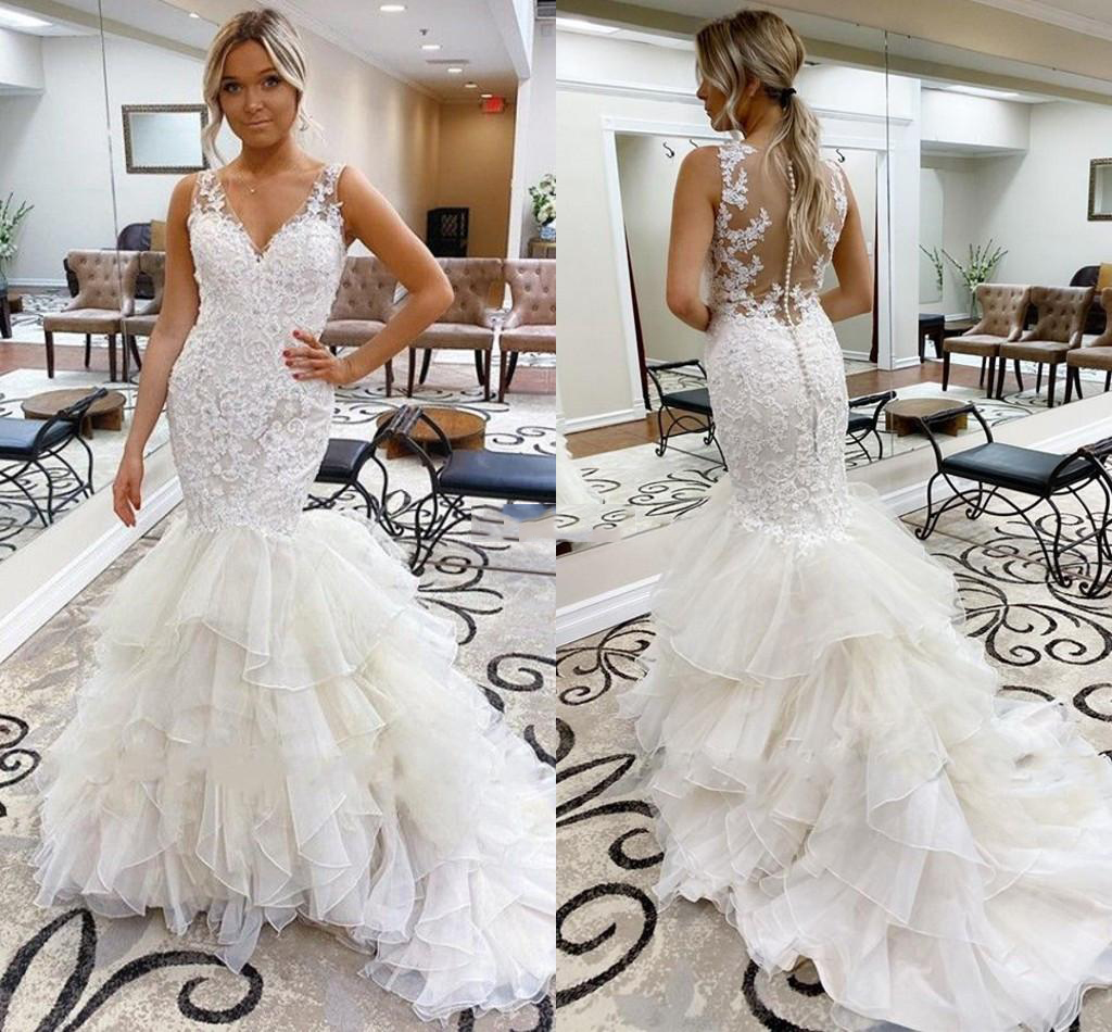 Custom V Neck Lace Mermaid Wedding Dresses 2020 with Appliques Tiered Sweep Train Tulle Wedding Bridal Gowns, White
Custom V Neck Lace Mermaid Wedding Dresses 2020 with Appliques Tiered Sweep Train Tulle Wedding Bridal Gowns, White