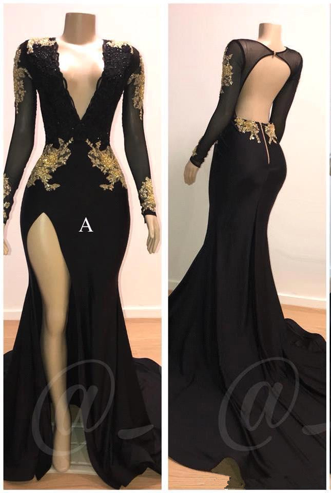 2022 Gold Appliques Black Prom Dresses Deep V Neck Mermaid Sexy Backless Long Sleeve Evening Gowns Vintage Arabic Party Dress, Silver
2022 Gold Appliques Black Prom Dresses Deep V Neck Mermaid Sexy Backless Long Sleeve Evening Gowns Vintage Arabic Party Dress, Silver