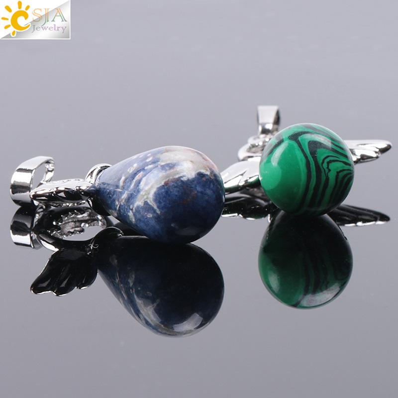 Natural Stones Angels Wings Pendant for Necklace Pink Quartz Onyx Pendants Silver-color Water Drop Female Jewelry Gift