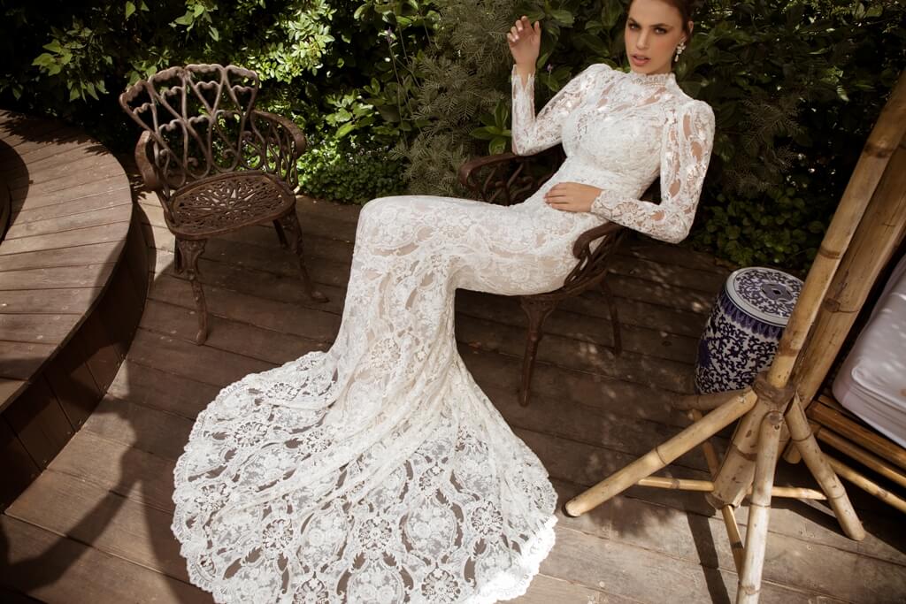 high collar mermaid wedding dresses long sleeve lace appliques bridal gowns illusion beading back wedding dress vestidos de novia