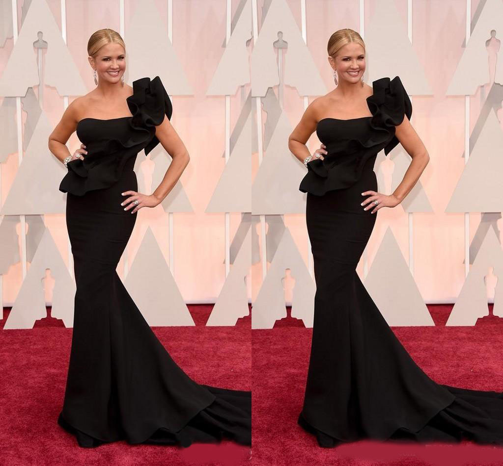 Modest Black Nancy O'Dell Red Mermaid Evening Dresses One Shoulder Ruffles Floor Length Formal Dress Celebrity Red Carpet Prom Gowns