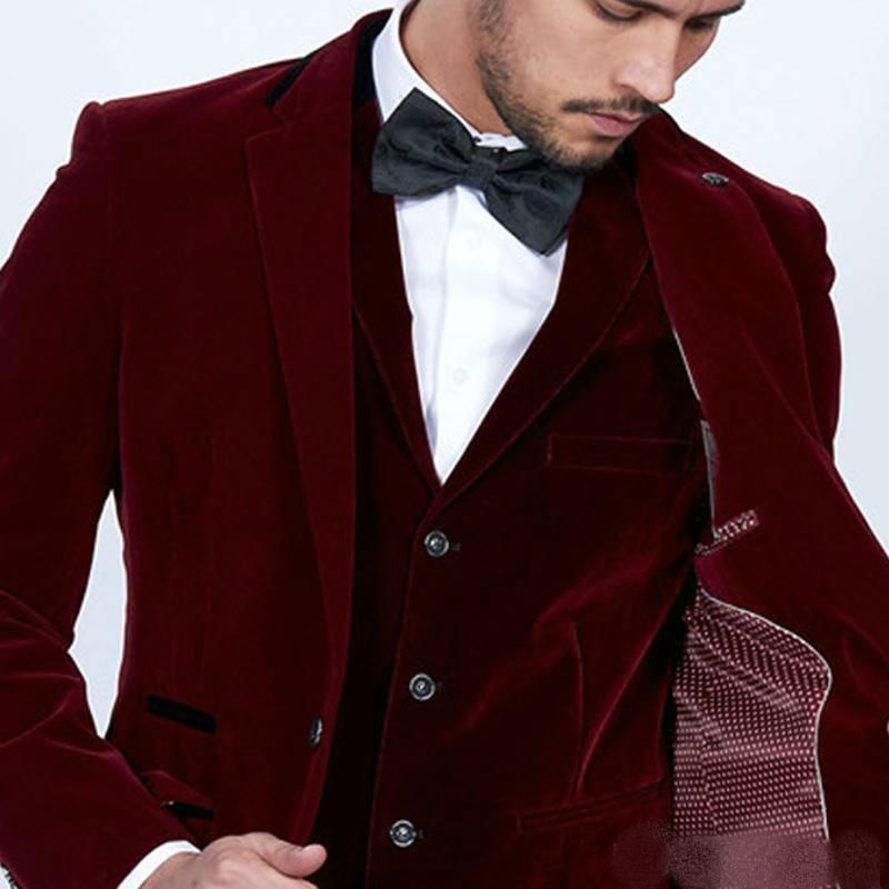 2019 Burgundy Velvet Mens Suits Three Pieces Custom Made Slim Fit Groom Prom Party Tuxedos(Jacket+Pants)