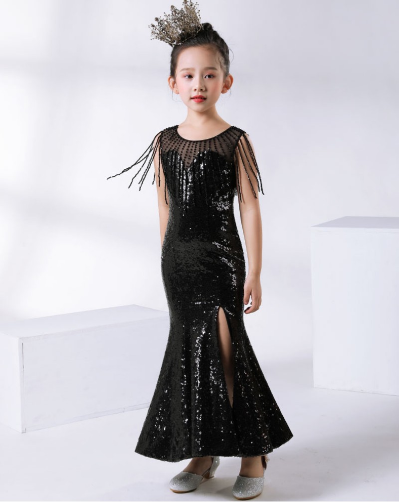 2020 Cute Kids Formal Wear Black Sequins Flower Girls Dresses For Wedding Children Pageant Dresses Ball Gown