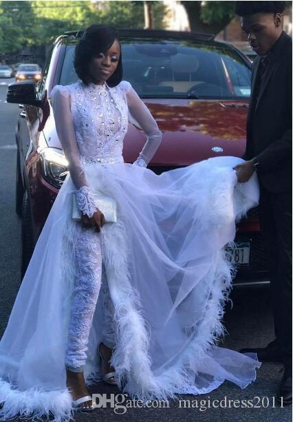White Women Jumpsuit With Detachable Train High Neck Lace Appliqued Crystal Long Sleeve Prom Dress Feather Formal Evening Gowns