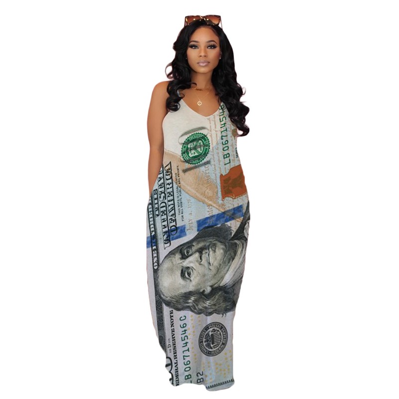 Summer Women dollars print maxi dress trendy long loose one-piece dress fashion grey one-piece skirt casual loose long slip dress 3312