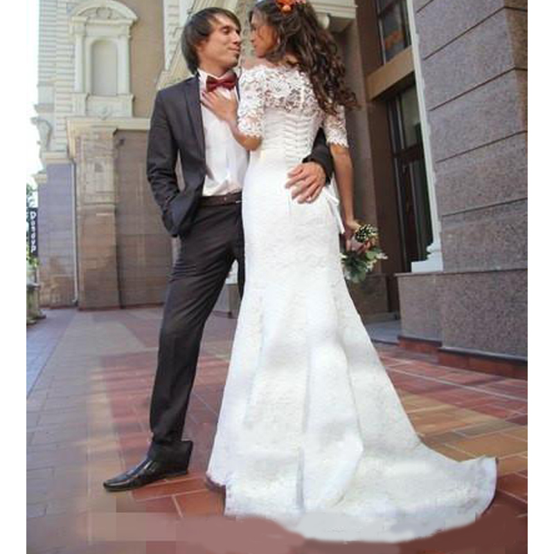 Off the Shoulder Mermaid Wedding Dresses Lace Applique Short Sleeves Sweep Train Plus Size Country Wedding Gown vestido de novia