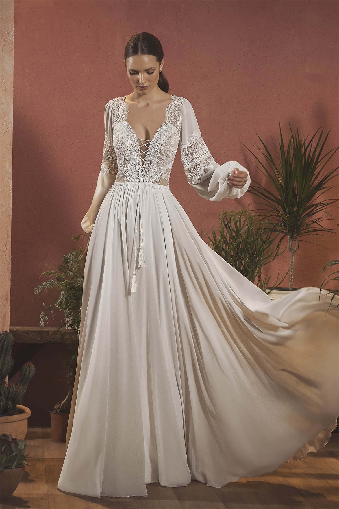 A e Bridal Gowns Lace Beaded Long Sleeves Tassel or Length Vestidos De Novia Custom Made Bohemian Wedding Dress