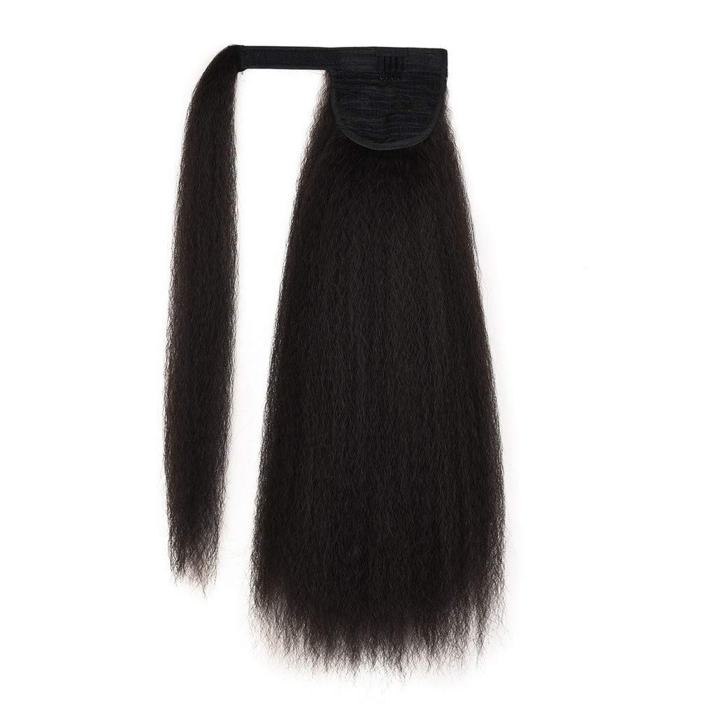 Kinky Straight Ponytail Extension for Women Human Hair Wrap Around Magic Paste Yaki Ponytail Corn Wave Clip in Hairpiece Black Remy Hair