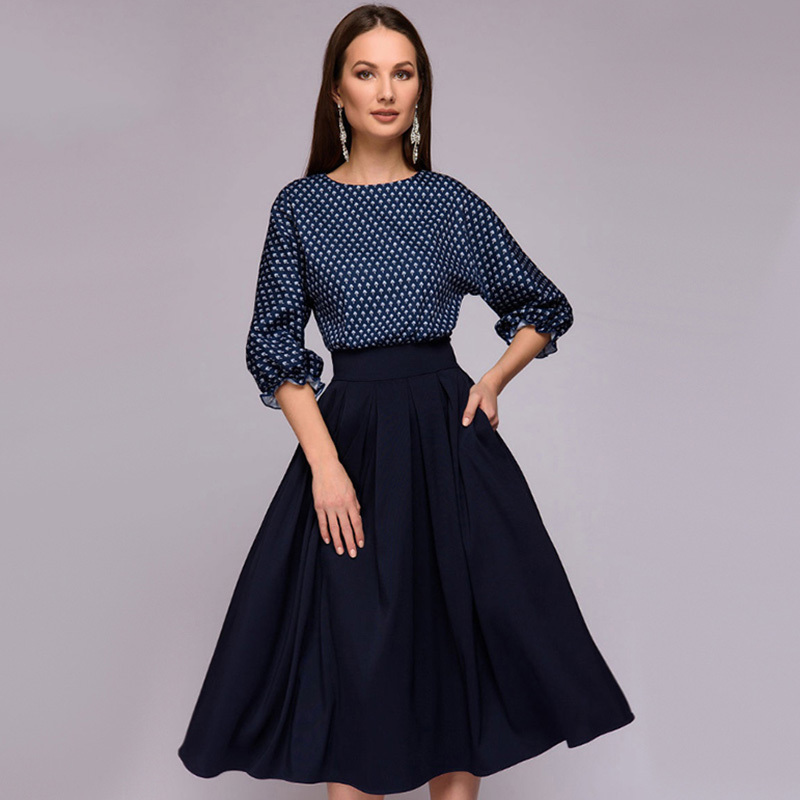Autumn Vintage Lantern Sleeve Printing Dress Women 2018 Elegant Casual O-Neck Half Sleeves A-Line Dress Mid-Calf Party Dresses Y19012102