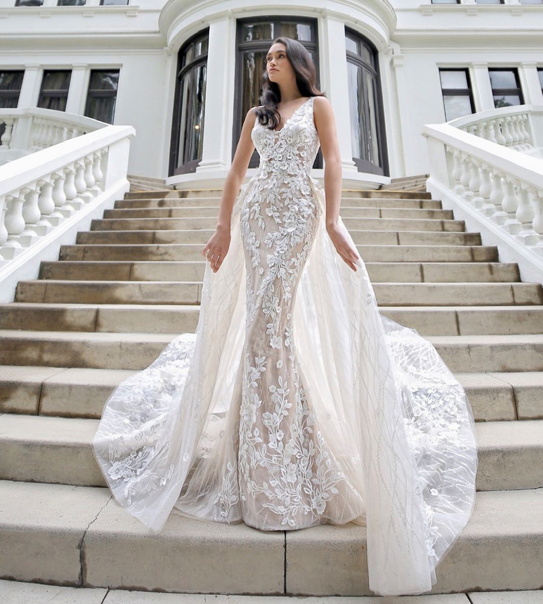 Mermaid Wedding Glamorous Dresses With Detachable Train V Neck Lace Backless Bridal Gowns Tulle Appliqued Trumpet Robe De Marie