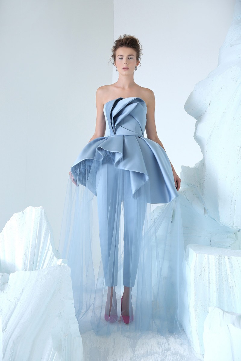 Azzi Osta 2019 Blue Jumpsuits Prom Dresses Simple Strapless Neck Cheap Celebrity Party Gowns Peplum Long Formal Evening Dress