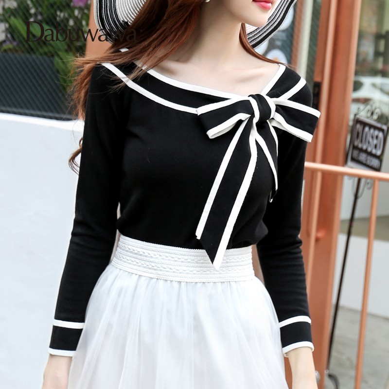 Women's Sweaters Dabuwawa Autumn Fashion Women Sweater Slim Knitwear Patchwork Cotton Pullover Long Sleeve Jumper With Bow #D17CJS012