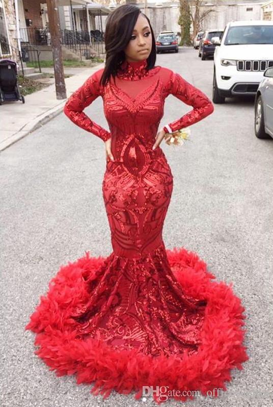2019 Mermaid Prom Dresses High Neck Lace Sequins Feather Long Sleeve Evening Gowns Custom Made Luxury Quinceanera Dresses
