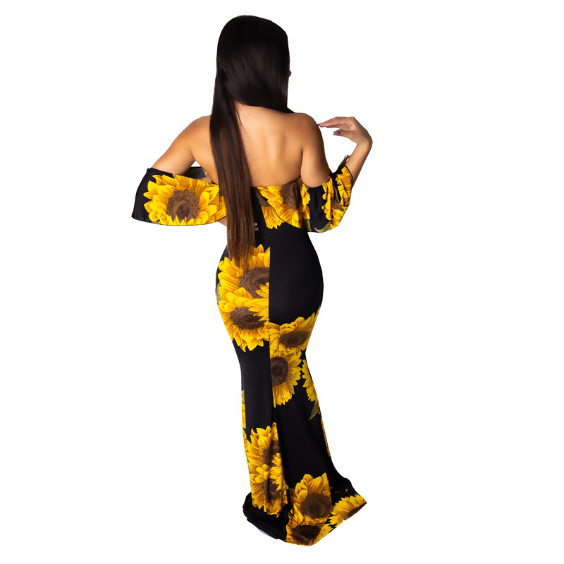 Floral Print Sexy Mermaid Long Dress Women Slash Neck Ruffles Sleeve Bandage Beach Dress Summer Off Shoulder Backless Boho Dress LY191116