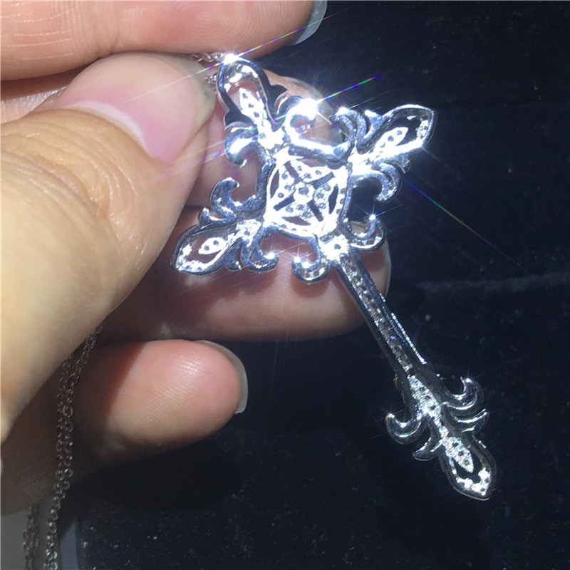 Vecalon Flower Long Cross pendant 925 Sterling silver 5A Cz Stone cross Pendant necklace for Women Men Party Wedding Jewelry
