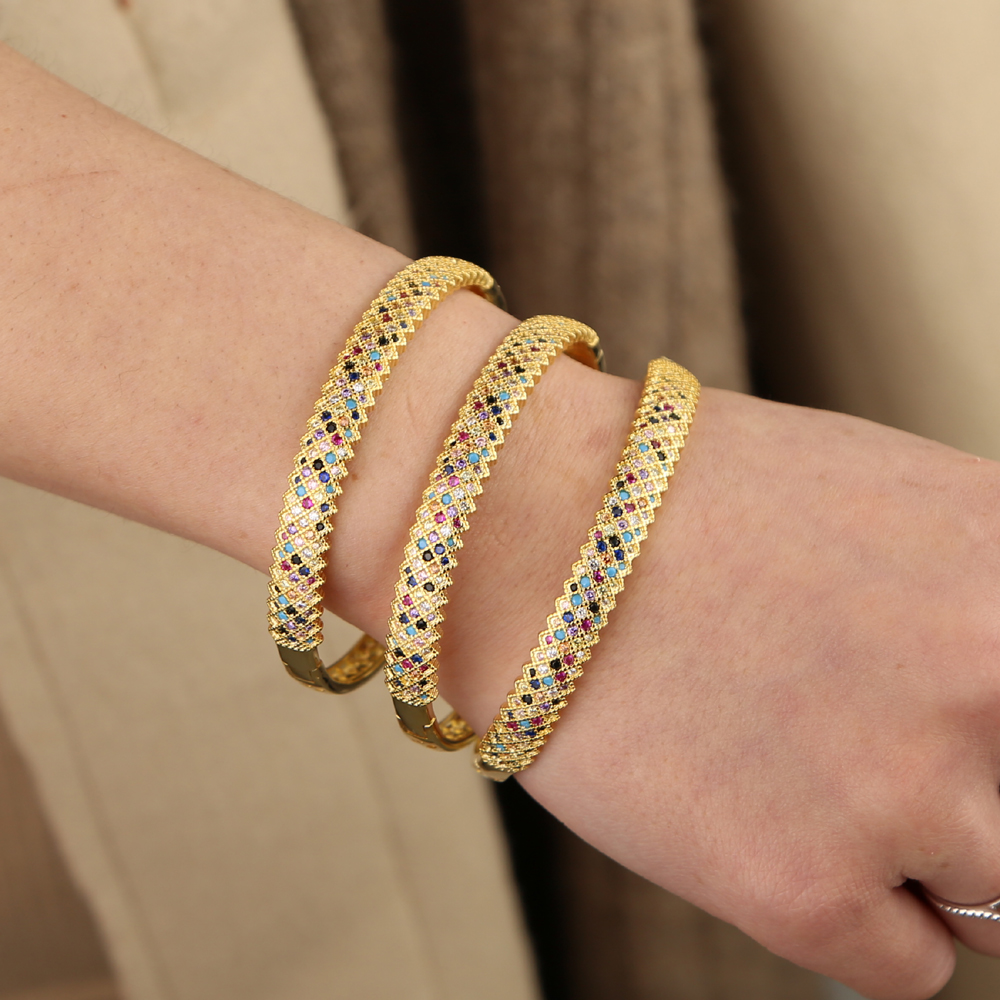 Behomia boho luxury wide band gold plated bangle micro pave colorful cubic zirconia cz gorgeous bracelet
