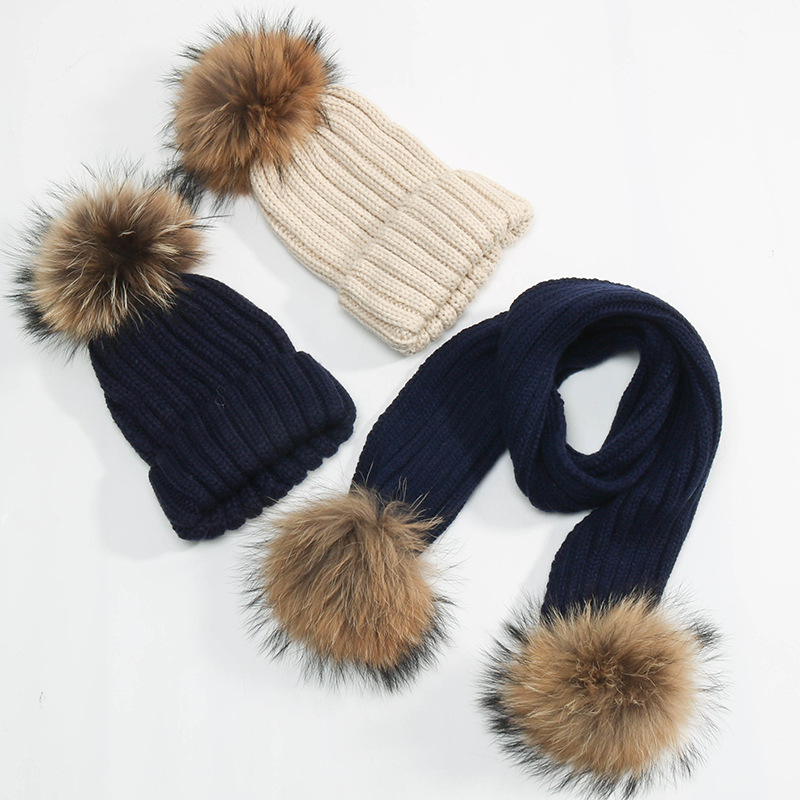 Fashion-And Scarf Sets Kids Winter Real Fur Hat Detachable Solid Beanie Ski Cap Scarf Kit Xmas Party Hats JJ19916