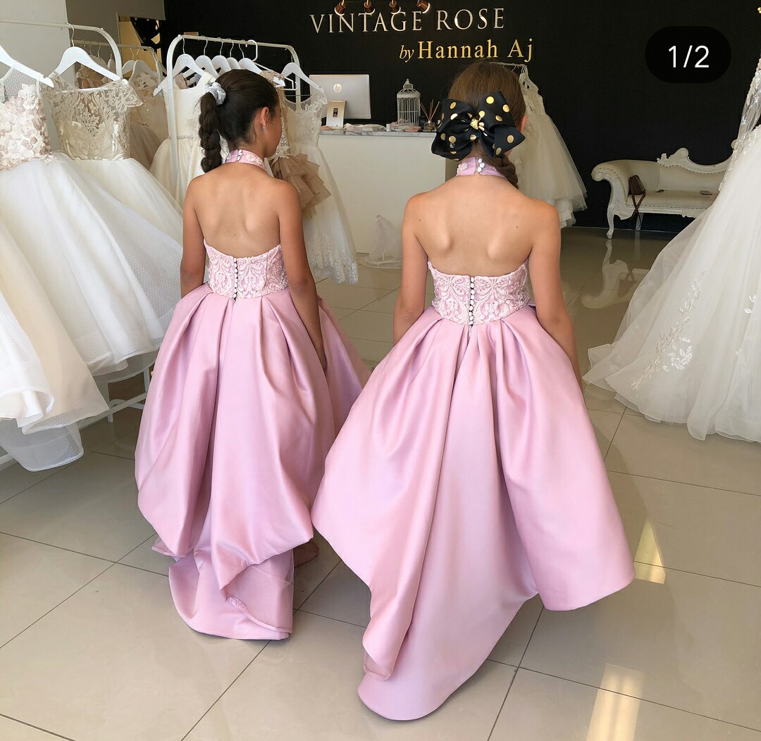 Cheap Pink Flower Girl Dresses Halter High Low Lace Appliques Satin Floor Length Kids Wedding Gowns First Holy Communion Dresses