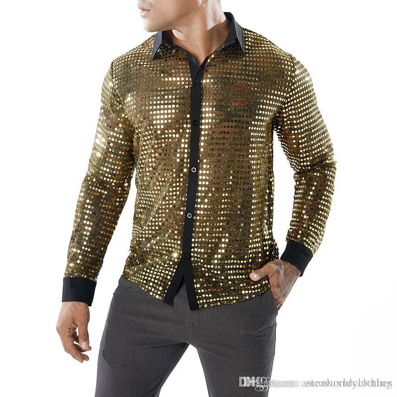 

Sexy Evening Club Shirts See Through Mens Clothing Stage Playing Shirts Gold Silver Black Sequined Tops