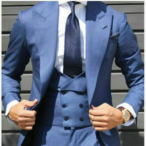 Autumn High Quality Light Blue Double Breasted Men Suit Wedding Tuxedos Slim Fit Groom Peaked Lapel Custom Blazer Suit(Jacket+Vest+Pants)