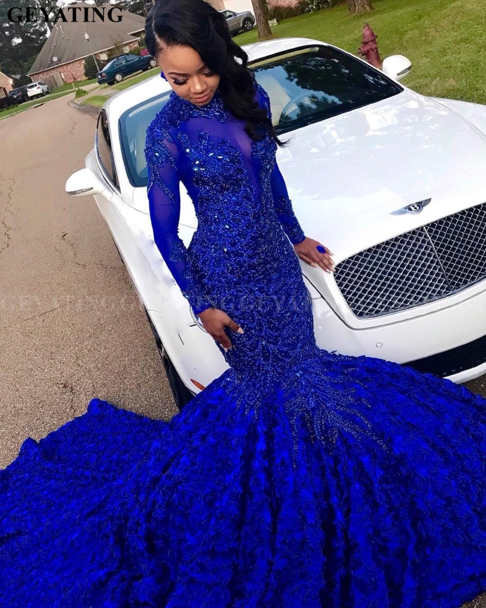 3D Flower Mermaid Royal Blue African Prom Dress Long Sleeves Chapel Train burgundy Beaded Crystal Plus Size Evening Graduation Party Dress