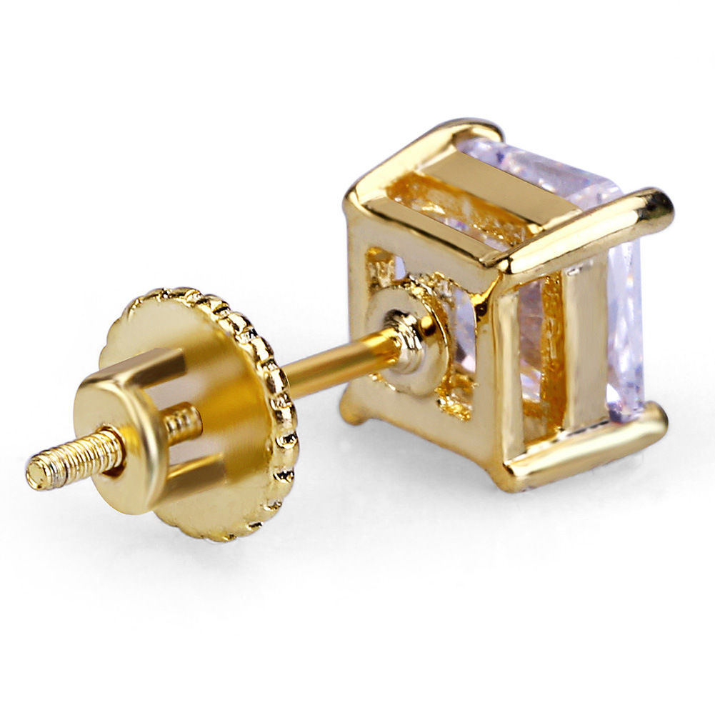18K Real Gold Cubic Zirconia Square Stud Earrings 4 7 9mm for Men Women Bling Crystal Diamond Iced Out Earring Studs Punk Rock Rapper Hip Hop Jewelry
