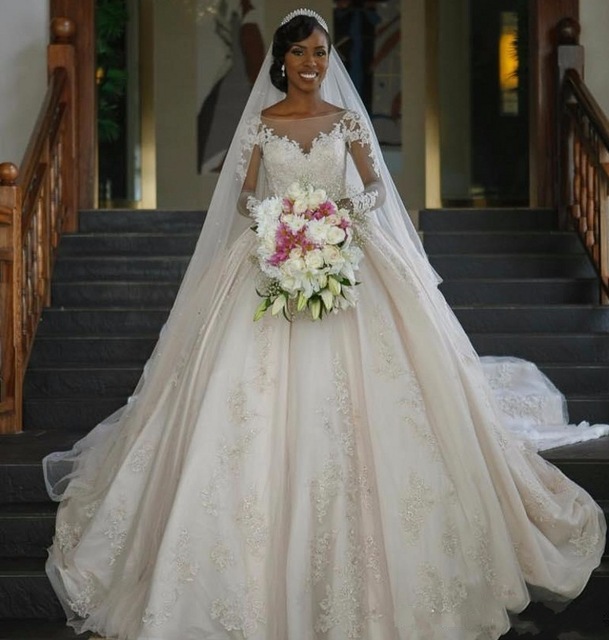 Gorgeous South African Lace Wedding Dress Sheer Neck Puffy Long Train Appliques Button Back Bridal Gowns Luxury country plus size cheap 2019