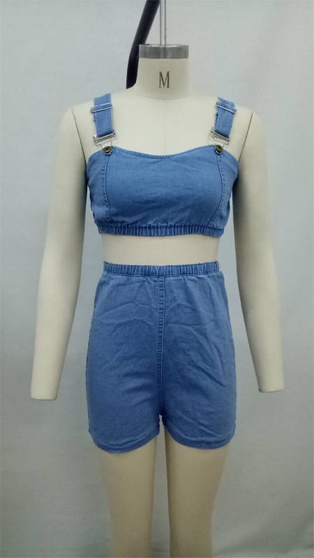 Adogirl Women Denim Two Piece Set Strapless Spaghetti Straps Zipper Back Crop Top Jeans Shorts Fashion Summer Club Suits Outfits