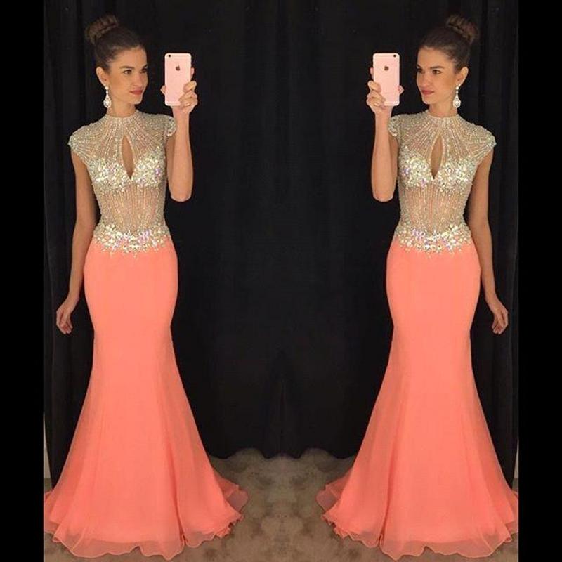 2019 New Coral Mermaid Prom Dresses Cap Sleeve Bling Bling Rhinestone Keyhole Bust Chiffon Evening Dresses Illusion Formal Evening Gowns