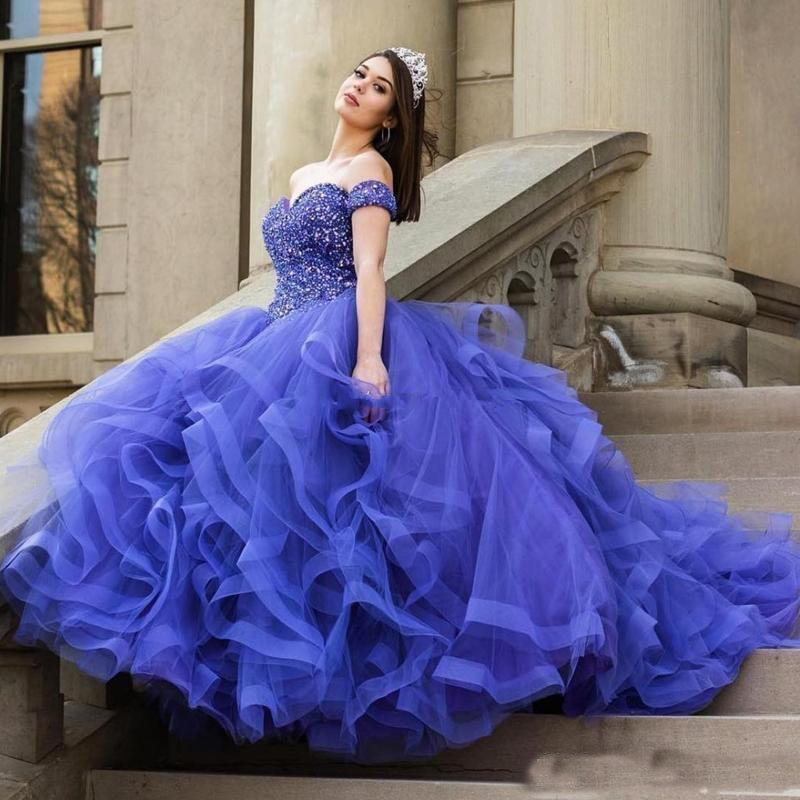 2019 Blue Ball Gown Princess Quinceanera Dresses Long Prom Dresses Sexy Off Shoulder Tulle Beads Party Gowns Vestido de Novia