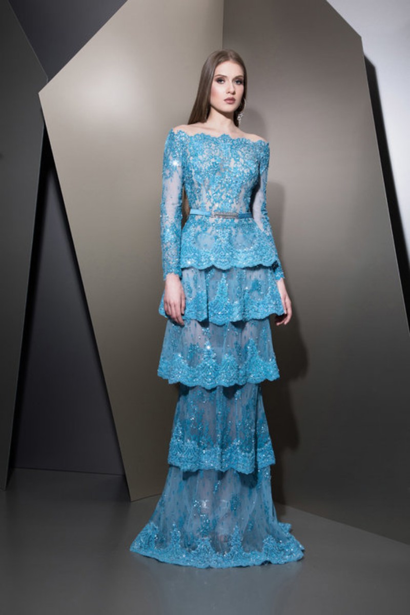 ziad naked evening dresses beaded lace formal prom dress long sleeves tiered skirts pageant party gowns custom