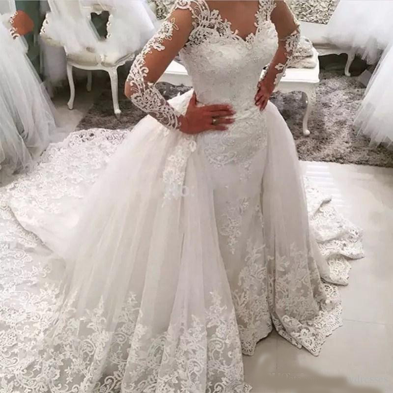 2020 Modest Sheer Long Sleeves Lace Appliques Wedding Dresses With Detachable Train Beaded Bridal Gowns Formal Vestidos De Marriage
