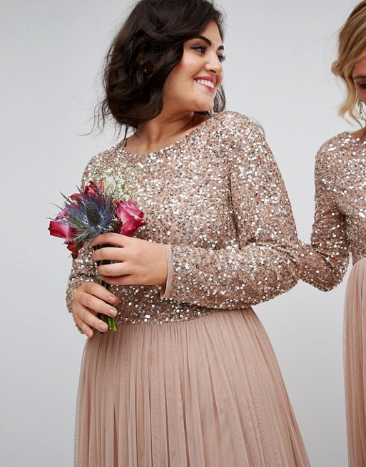 Cheap Champagne Sequined Bridesmaid Dresses With Long Sleeves Jewel Neck Country Maid Of Honor Gowns Floor Length Wedding Guest Dress