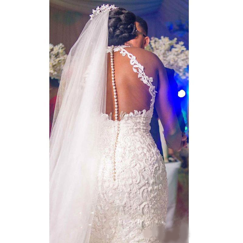 Charming High Colla Lace Appliques Mermaid Wedding Dresses r Button Back Long Train Church Wedding Gowns Pearls Tulle Country Bridal Dress