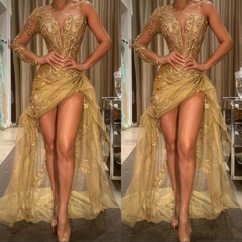 2020 Sexy Gold One Shoulder Prom Dresses Sequined Appliques Long Sleeves Mermaid Hi Lo Evening Dress African Party Vestido