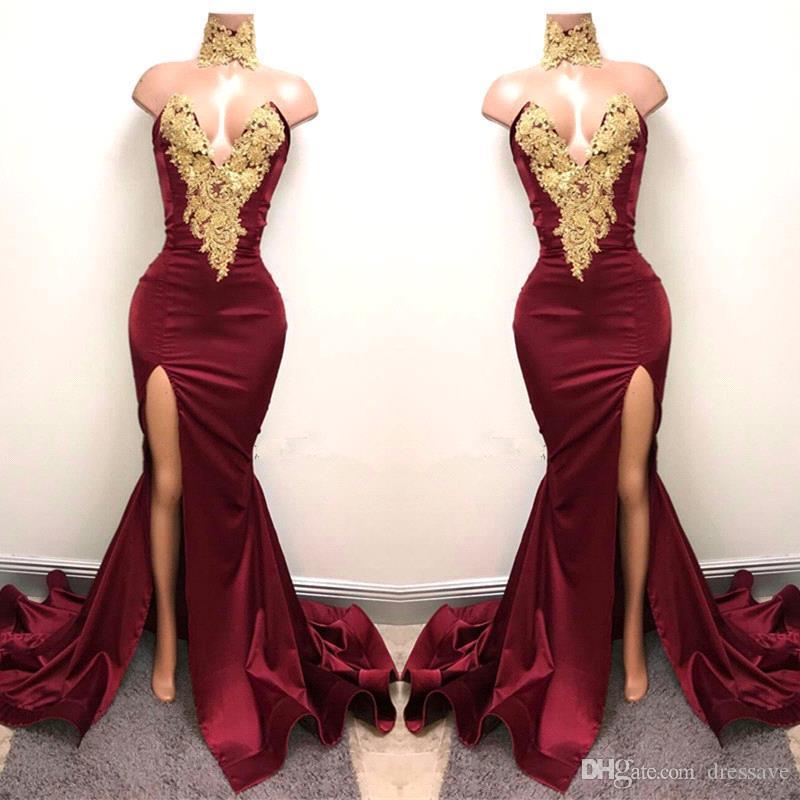 Sexy Arabic Burgundy Prom Dresses Evening High Neck Gold Lace Appliqued Sleeveless Mermaid Front Split Elegant Formal Party Gowns, Black
Sexy Arabic Burgundy Prom Dresses Evening High Neck Gold Lace Appliqued Sleeveless Mermaid Front Split Elegant Formal Party Gowns, Black