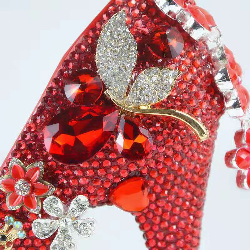 Luxurious Red Diamond Flowers Wedding Shoes Flower Chains Pumps High Heels Bridal Shoes 14cm Bling Bling Prom Shoes for Lady