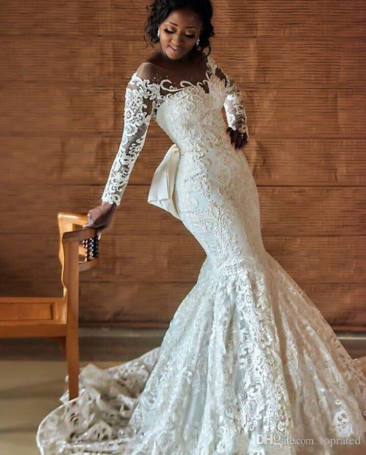 Plus Size African Mermaid Wedding Bridal Dresses With Back Bow Beading Long Sleeves Bridal Gowns Nigerian Wedding Dress Cheap