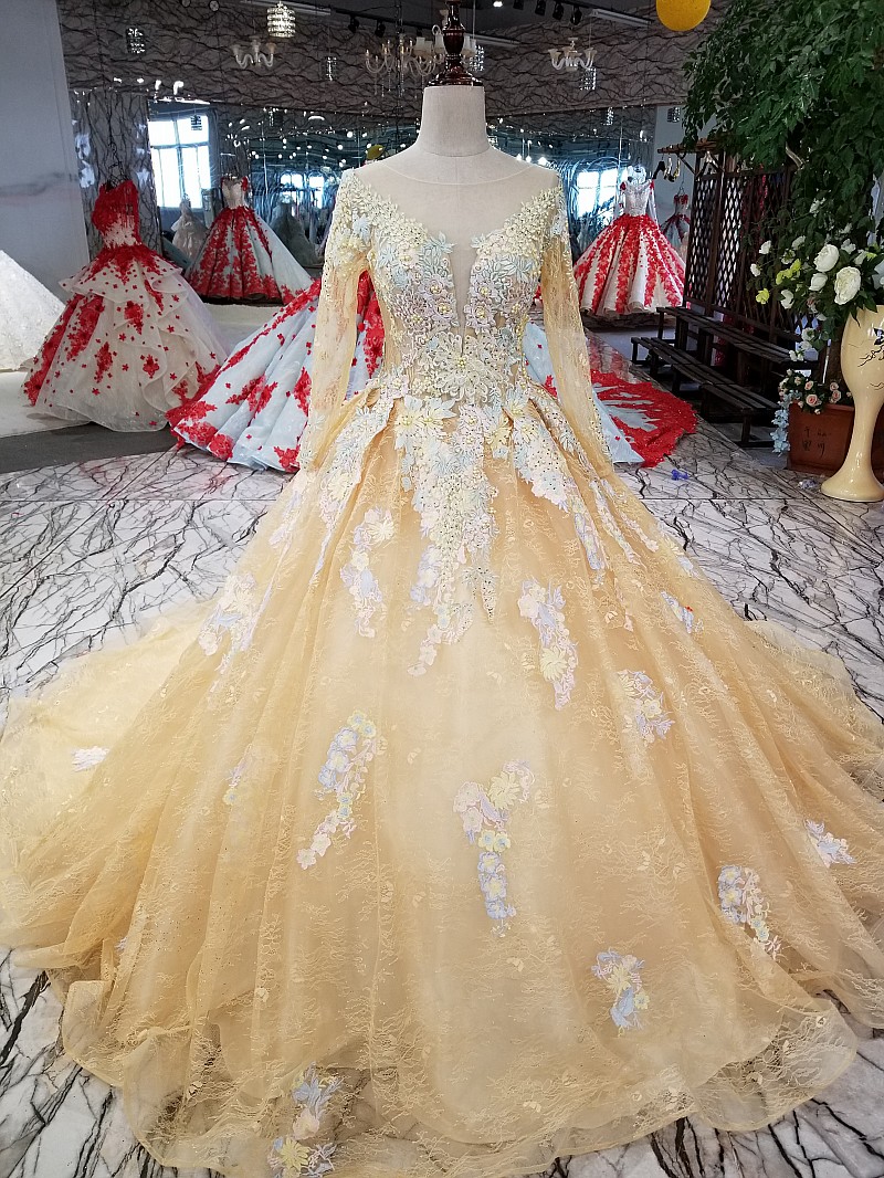 Vestido de Noiva Appliques Lace Princess Champagne Wedding Dresses 2020 Long Sleeves Embirodery Ball Gown Arabic Bridal Dress