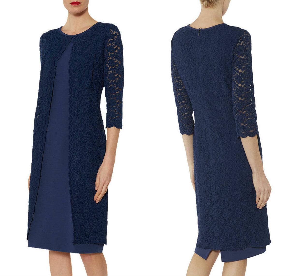 2019 Navy Knee Length Mother of Bride Dresses Jewel Neck Lace Jacket Plus Size Suits Appliques Elegant Wedding Guest Dresses