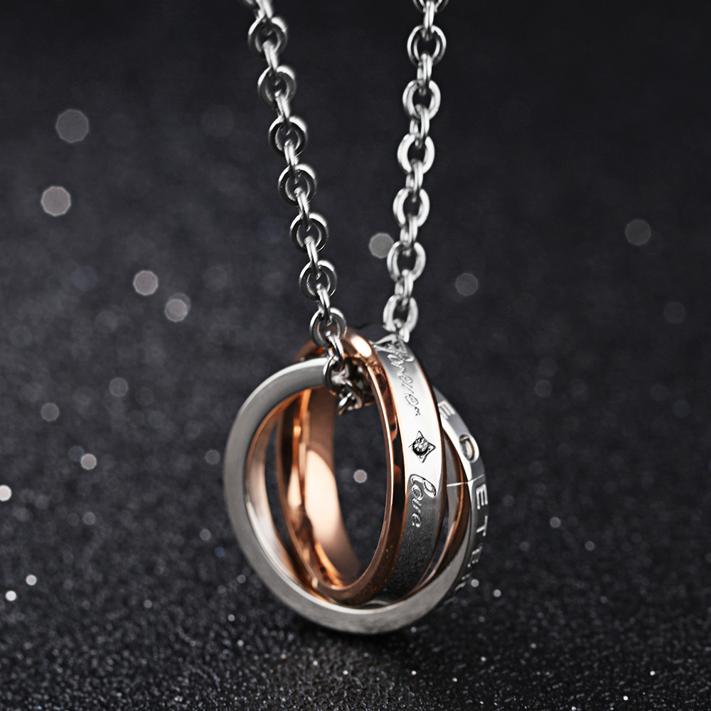 Couple Necklace FOREVER LOVE Lettering Name Double Circle Stainless Steel Pendant Necklaces For Lovers Valentine's Day Gift