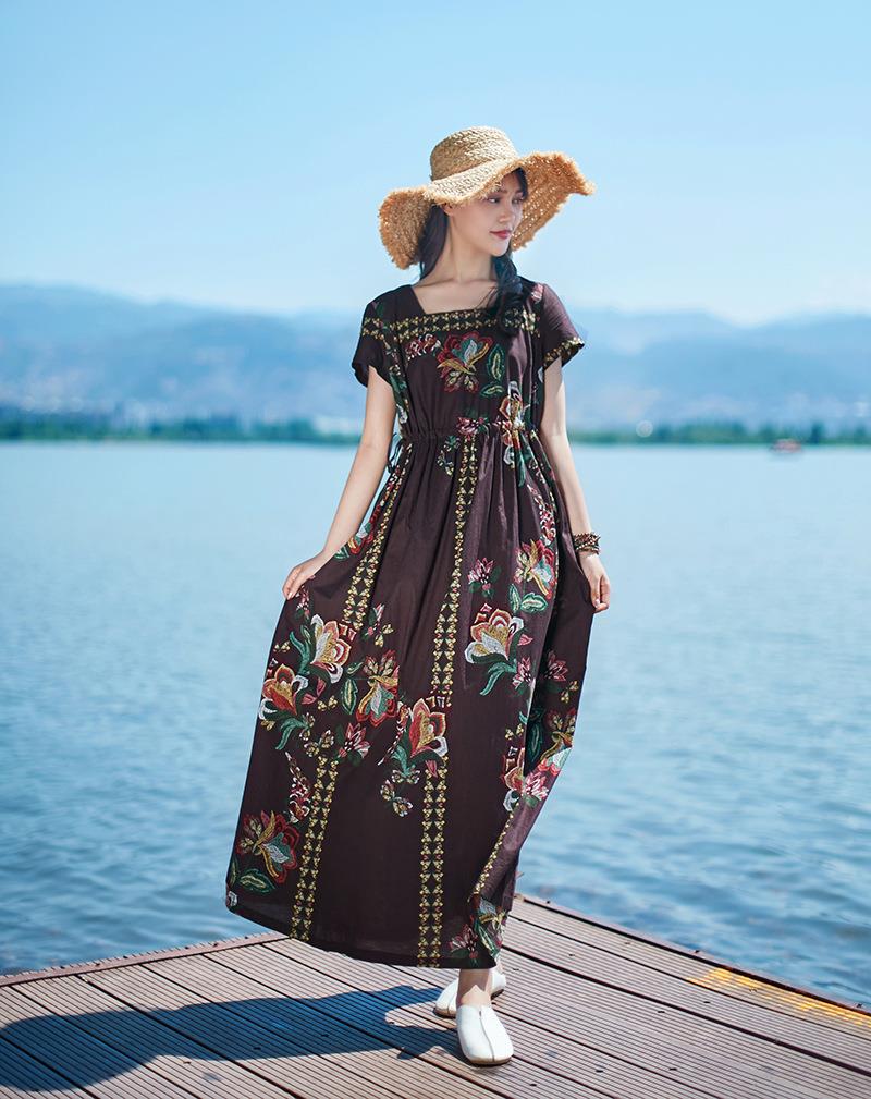 Summer Asian casual dress light thin cotton hemp lace waist closing Dress temperament square collar short sleeve big swing Robe