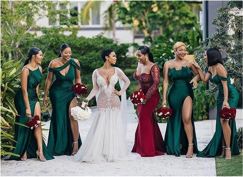 2020 Latest Different Neckline Sexy Bridesmaid Dresses Ruched High Side Split Long Prom Dress Maid of Honor Gowns