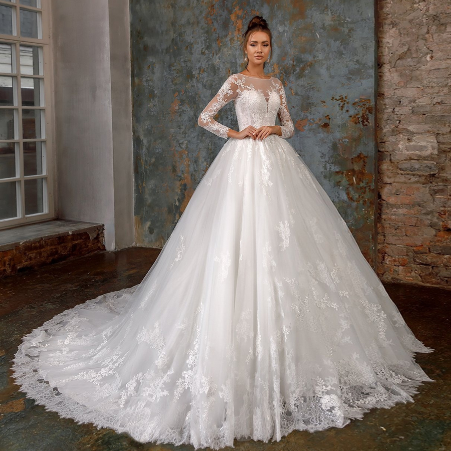 Lace Appliqued Modest Wedding Dresses Sheer Bateau Neck Long Sleeves Bridal Gowns A Line Sweep Train Tulle Robe De Marie