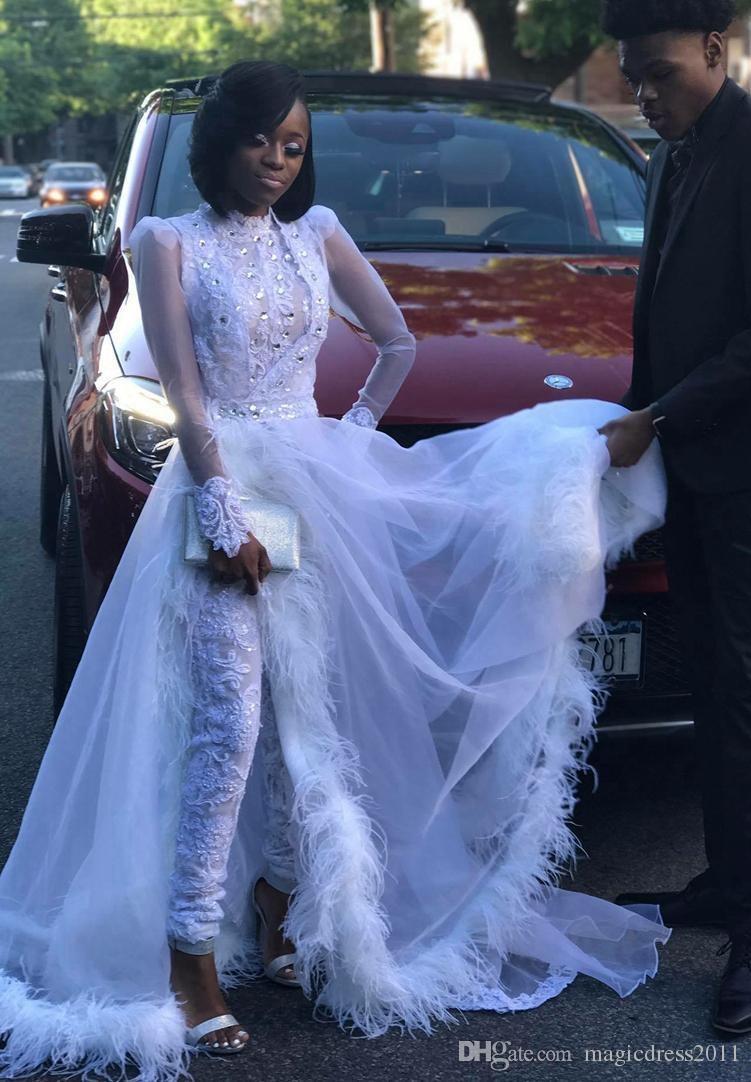 White Women Jumpsuit With Detachable Train High Neck Lace Appliqued Crystal Long Sleeve Prom Dress Feather Formal Evening Gowns