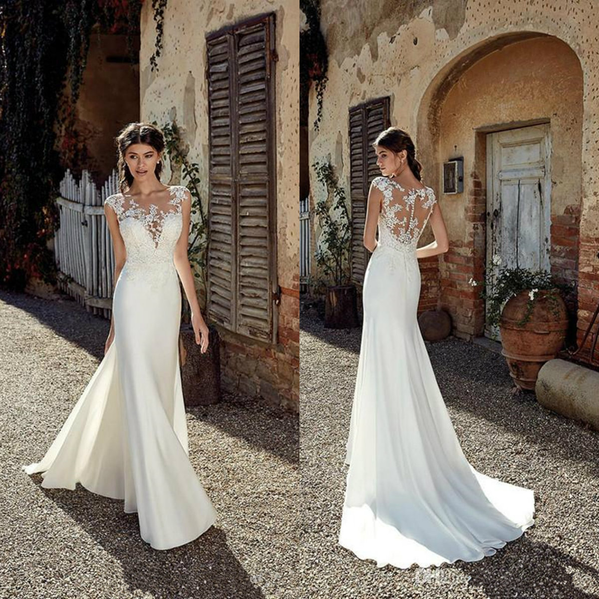 Eddy K Bridal Gowns Scoop Neck Satin Mermaid Bohemia Dresses Cap Sleeves Tulle Lace Applique Wedding Dress