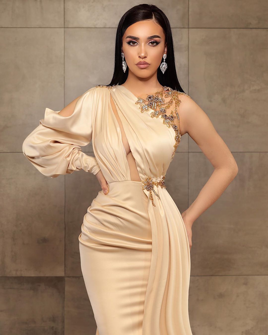 arabic aso ebi champagne sexy mermaid evening dresses crew long sleeves prom dresses satin formal party second reception gowns zj553