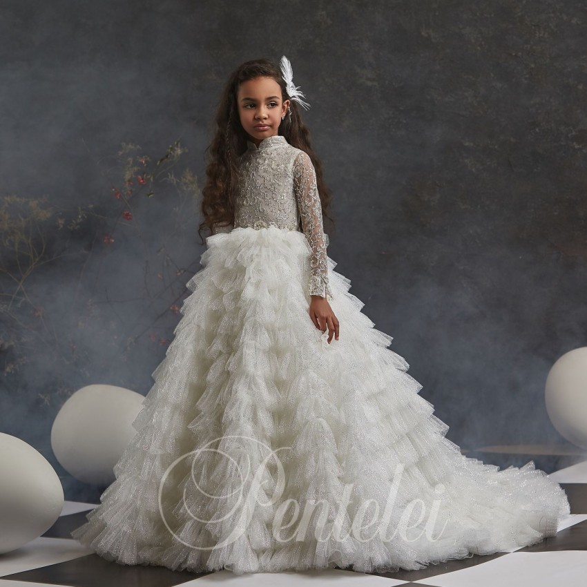 Sparkg Long Sleeves Lace wer Girl Dresses For Wedding High Neck Sequined Toddler Pageant Gowns Tulle Tiered Kids Prom Dress