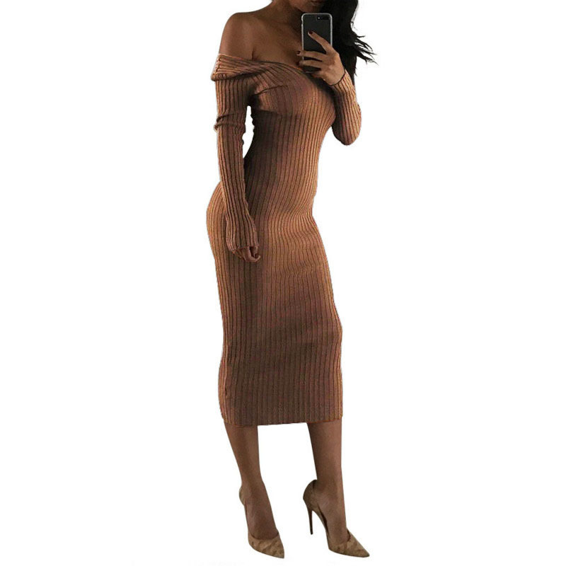 Women Dresses Winter Sexy Clubwear Off The Shoulder Skinny Slash Neck Long Sleeve Solid Bodycon Dress Office Lady Mid-Calf White Y19012102